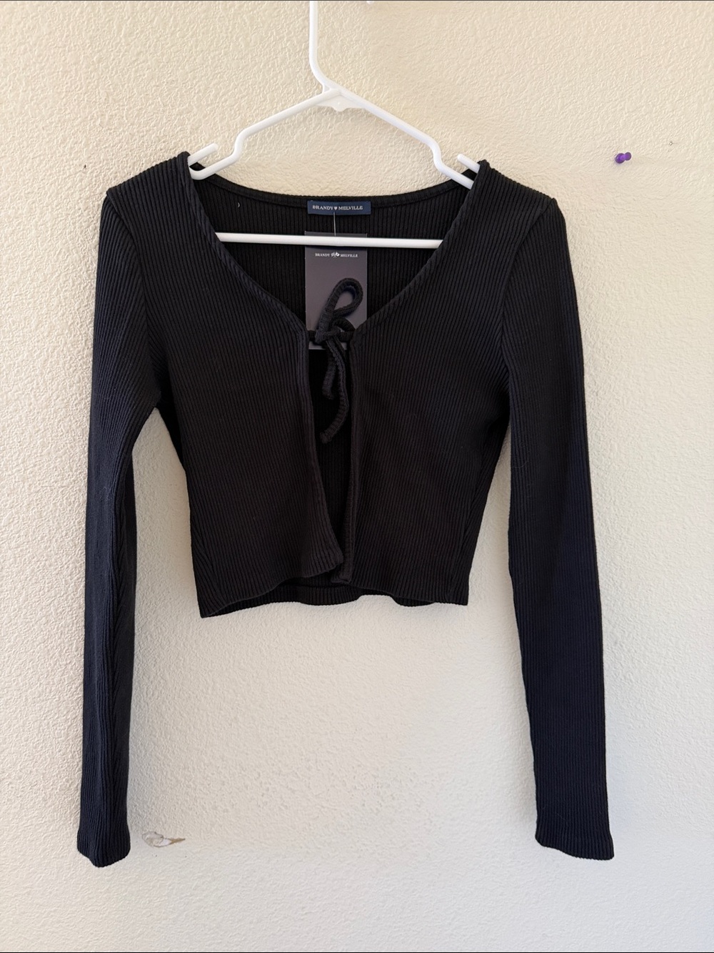 Brandy Melville Black Ribbed Tie-Front Crop Top